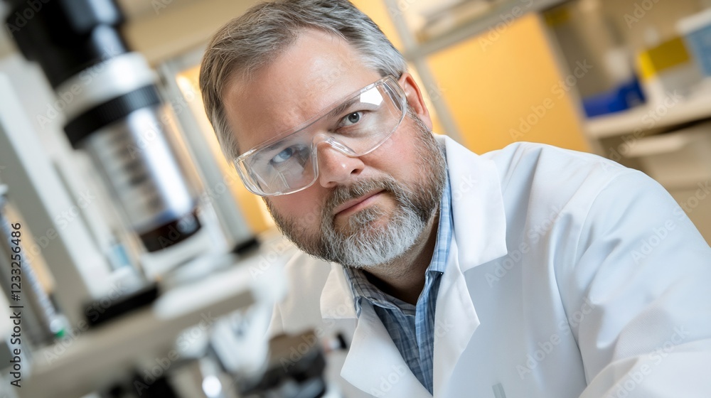 Scientist lab coat research microscope focus Scientist lab coat research microscope focus