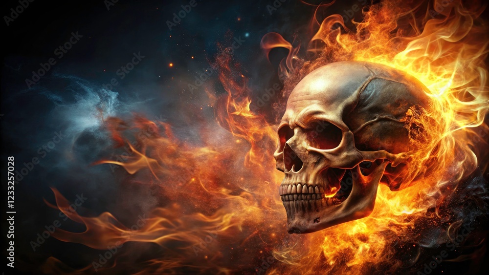 Skull in Fiery Flames: A Haunting Symbol of Mortality and Transformation, Captured in Intense Detail with Vibrant Colors and Dramatic Lighting for Eerie and Mysterious Themes Skull in Fiery Flames: A Haunting Symbol of Mortality and Transformation, Captured in Intense Detail with Vibrant Colors and Dramatic Lighting for Eerie and Mysterious Themes