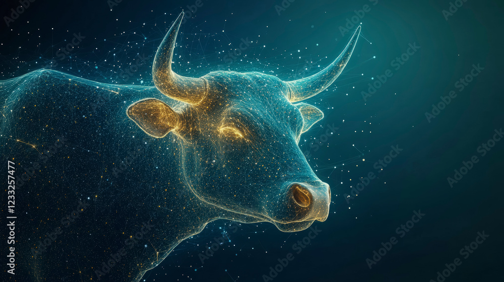 Obraz premium Taurus:The Bull Digital bull artwork glowing in cosmic space, showcasing futuristic design and creativity, perfect for technology and innovation enthusiasts.