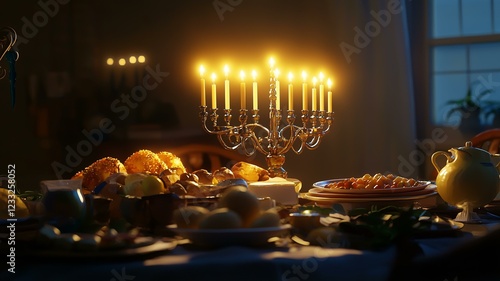 Ultra-realistic image of a candlelit Hanukkah menorah with nine glowing candles and traditional food on the table
 photo