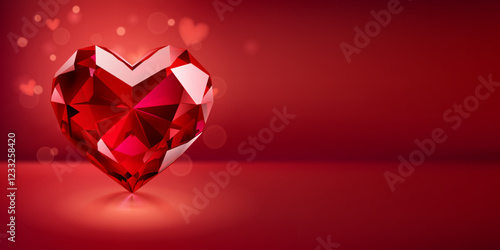 A beautifully faceted red heart-shaped gemstone on a deep red backdrop. The g...