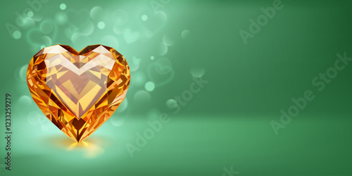 A beautifully faceted yellow heart-shaped gemstone on a green backdrop. The g...