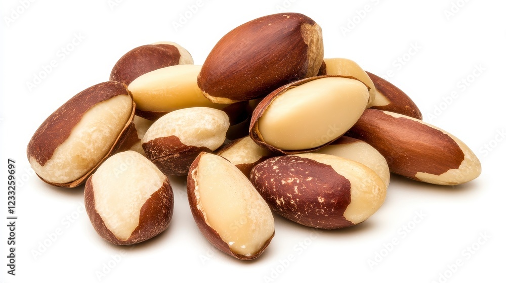 Raw Brazil Nuts Piled High with Brown and Cream Shells on White Background Raw Brazil Nuts Piled High with Brown and Cream Shells on White Background