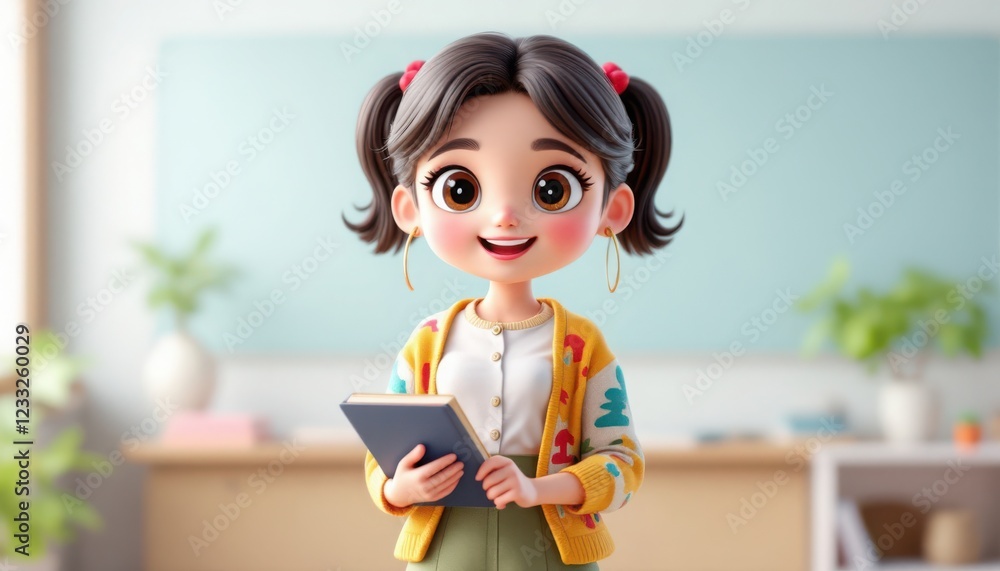 A cartoon character with brown hair in pigtails wearing a yellow cardigan and holding a book stands in a classroom, Generative AI A cartoon character with brown hair in pigtails wearing a yellow cardigan and holding a book stands in a classroom, Generative AI