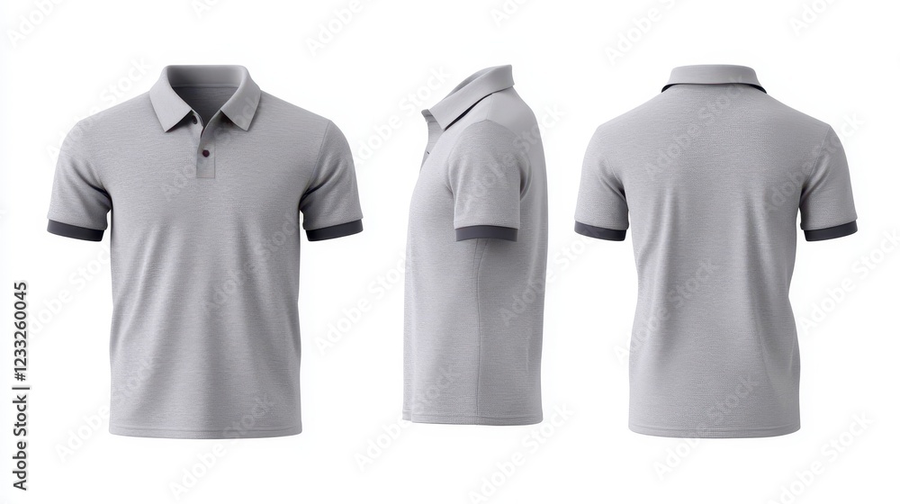 Grey Polo Shirt Displayed from Front, Side, and Back Views Grey Polo Shirt Displayed from Front, Side, and Back Views
