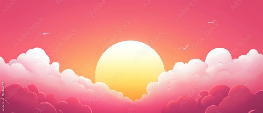 A Cartoonish Sunset Scene With Pink And Orange Clouds, A Large Yellow Sun, And A Few Birds. It Has A Dreamy, Peaceful Vibe. A Cartoonish Sunset Scene With Pink And Orange Clouds, A Large Yellow Sun, And A Few Birds. It Has A Dreamy, Peaceful Vibe.