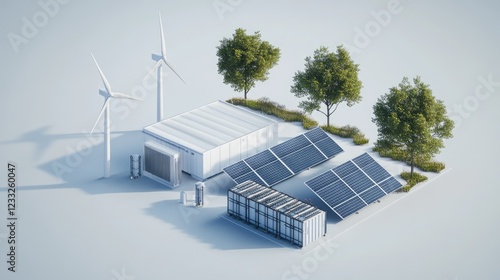 Isometric 3D render of wind turbines solar panels and a battery bank isolated on a white background Depicts alternative renewable power generation and electricity production in the