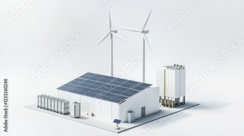 Isometric 3D render of wind turbines solar panels and a battery bank isolated on a white background Depicts alternative renewable power generation and electricity production in the