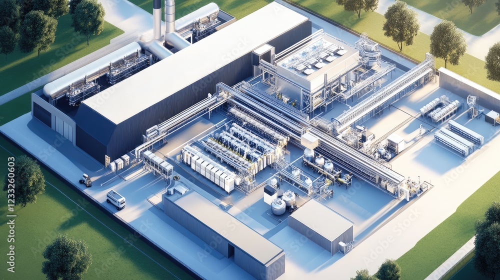 isometric A hydrogen-powered manufacturing plant producing clean energy components, with zero emissions isometric A hydrogen-powered manufacturing plant producing clean energy components, with zero emissions
