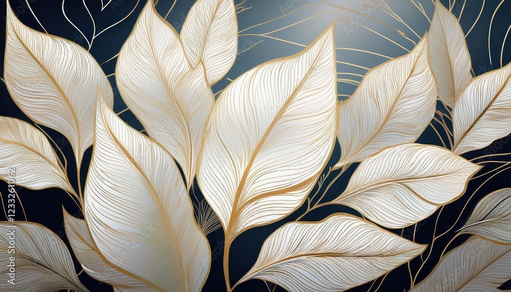 Elegant Gold Line Artwork Stunning White Tree Leaves Against a Backdrop of Sophisticated Luxury, Capturing the Essence of Timeless Opulence. Elegant Gold Line Artwork Stunning White Tree Leaves Against a Backdrop of Sophisticated Luxury, Capturing the Essence of Timeless Opulence.