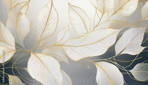 Stunning Gold Line Art Depiction of a White Tree Surrounded by Luxurious Artistic Leaves in the Evening, Capturing an Elegant Scene Perfect for Art Lovers and Minimalist Design Enthusiasts.