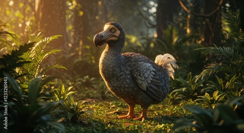 A dodo bird stands amidst lush vegetation with the sun casting golden rays, Generative AI