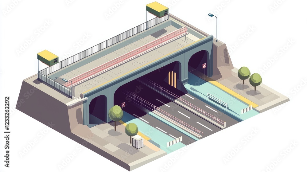 Isometric flat illustration showing the interior of an urban walkway tunnel road, suitable for infographics and design purposes. Isometric flat illustration showing the interior of an urban walkway tunnel road, suitable for infographics and design purposes.
