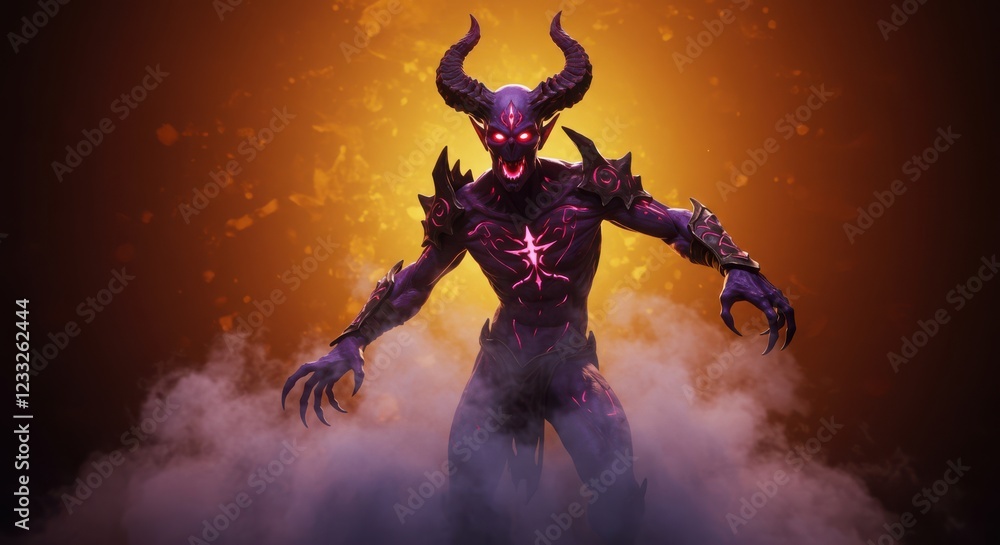 Fototapeta premium A horned purple demonic figure with glowing red eyes stands amid smoke and embers, Generative AI
