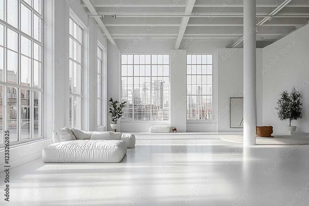 Obraz premium An interior painted white with generous windows fosters a bright and airy ambiance, presenting a modern and minimalist aesthetic that works well with multiple design and architectural themes.