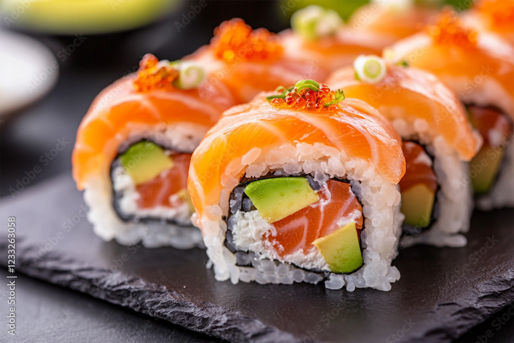 Fresh sushi rolls with salmon, avocado, and rice placed on a black slate platter Fresh sushi rolls with salmon, avocado, and rice placed on a black slate platter