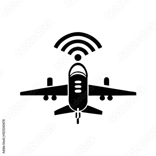 Airplane with Wi-Fi signal icon in black and white.