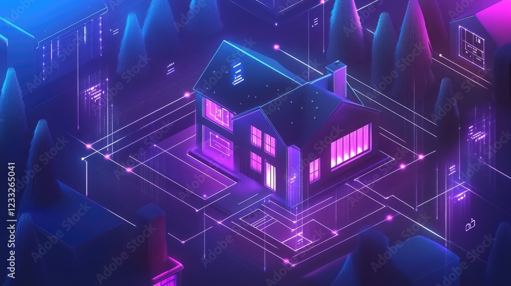 Isometric smart home concept Private house formed by digital codes with IoT technology for cyber safety A digital protection banner for smart home systems Isometric smart home concept Private house formed by digital codes with IoT technology for cyber safety A digital protection banner for smart home systems