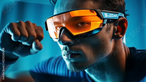 Athlete wearing high-tech sunglasses, focused on performance in a dynamic urban setting photo