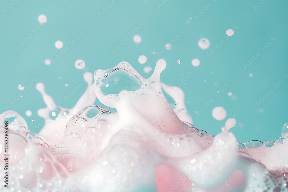 Fototapeta premium Soap bubbles on blue background. Detergent foam bubble on water
