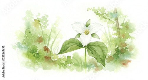 Serene Watercolor Painting of a White Trillium Flower in Lush Green Foliage