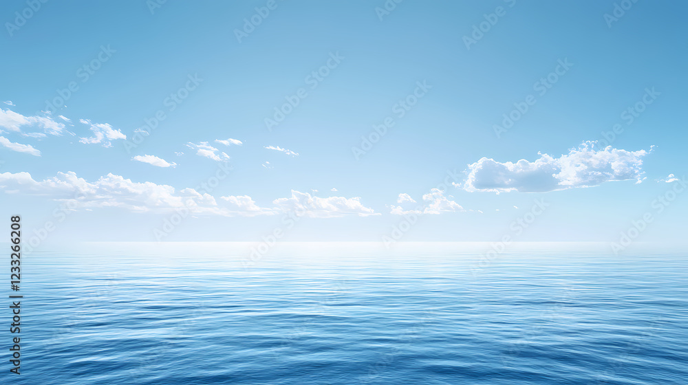 A serene view of a calm ocean under a clear blue sky, evoking tranquility and peace. Ocean Horizon. Illustration A serene view of a calm ocean under a clear blue sky, evoking tranquility and peace. Ocean Horizon. Illustration