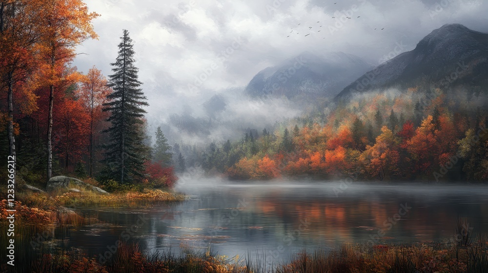 Naklejka premium A moody autumn scene featuring a calm mountain lake, fog drifting over the surface, and colorful trees along the shoreline.