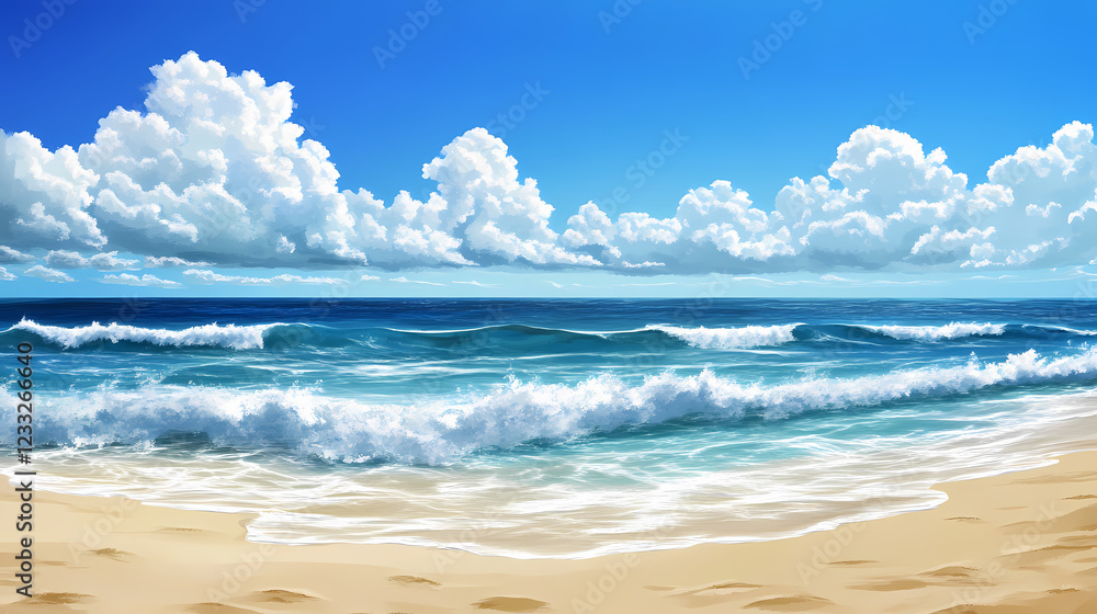 Fototapeta premium Beautiful summer beach scene with blue sky, white clouds, ocean waves, and sandy beach. Ocean Horizon. Illustration