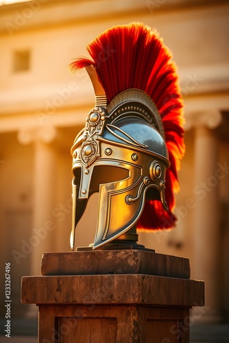 An ornate gladiator helmet gleams under golden sunlight.
