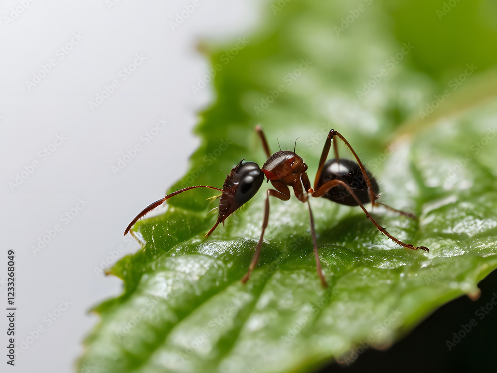 Black Ant on Green Leaf: A captivating macro photograph showcases a solitary black ant perched atop a vibrant green leaf, its intricate details and delicate antennae clearly visible. Black Ant on Green Leaf: A captivating macro photograph showcases a solitary black ant perched atop a vibrant green leaf, its intricate details and delicate antennae clearly visible.