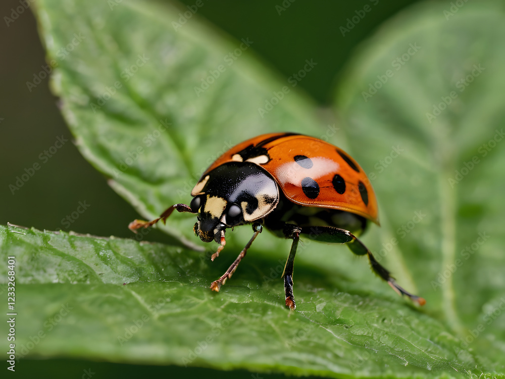 Ladybug on Leaf: A vibrant ladybug with distinctive red and black markings rests on a lush green leaf, showcasing intricate details in a close-up shot. Ladybug on Leaf: A vibrant ladybug with distinctive red and black markings rests on a lush green leaf, showcasing intricate details in a close-up shot.