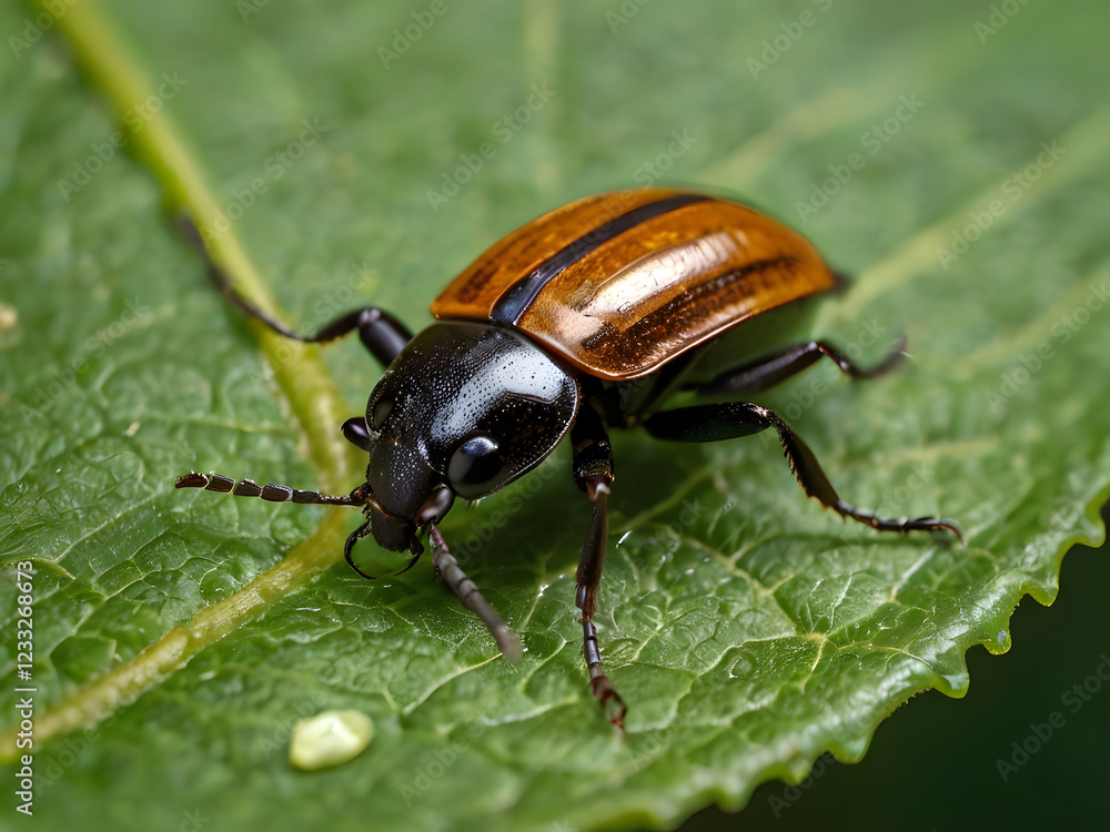Striped Beetle on Leaf: A close-up view of a vibrant striped beetle, with its black head and thorax contrasting beautifully with its orange-brown elytra, perched atop a green leaf. Striped Beetle on Leaf: A close-up view of a vibrant striped beetle, with its black head and thorax contrasting beautifully with its orange-brown elytra, perched atop a green leaf.