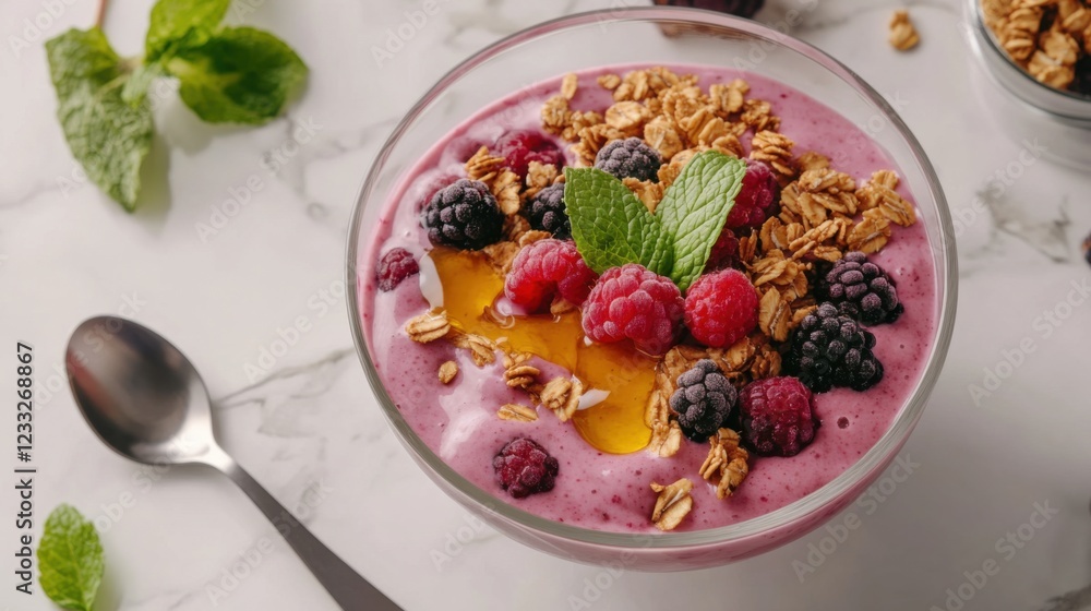 A vibrant and colorful smoothie bowl topped with fresh berries, granola, and a drizzle of honey A vibrant and colorful smoothie bowl topped with fresh berries, granola, and a drizzle of honey