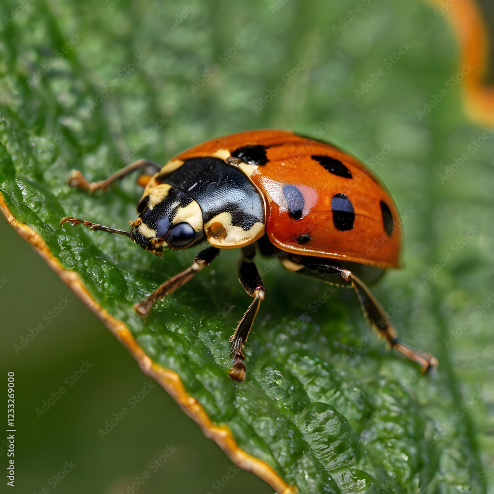Ladybug on a Leaf: A vibrant ladybug with a striking orange and black shell sits on a lush green leaf, its tiny legs gripping the surface as it prepares to take flight. Ladybug on a Leaf: A vibrant ladybug with a striking orange and black shell sits on a lush green leaf, its tiny legs gripping the surface as it prepares to take flight.