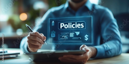 A man is writing on a tablet with the word Policies written on it