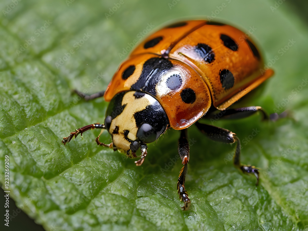 Fototapeta premium Twenty-two Spotted Ladybug Closeup: A vibrant orange and black ladybug with twenty-two spots rests on a lush green leaf, showcasing intricate details in a striking macro photograph.