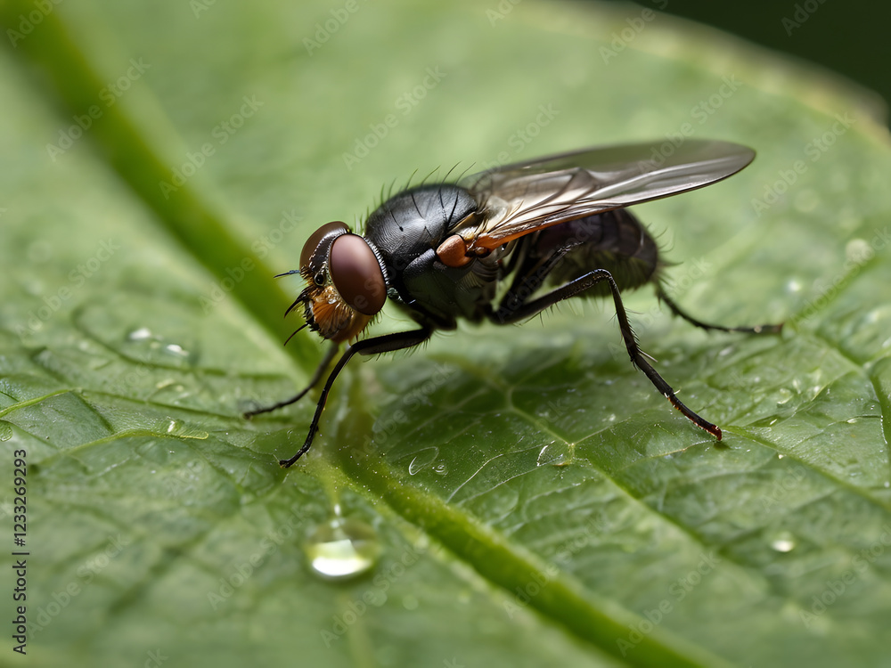 Fly on a Dew-Kissed Leaf: Macro photograph of a fly perched on a lush green leaf, glistening with morning dew. The intricate details of the fly's body and the leaf's texture are sharply in focus. Fly on a Dew-Kissed Leaf: Macro photograph of a fly perched on a lush green leaf, glistening with morning dew. The intricate details of the fly's body and the leaf's texture are sharply in focus.