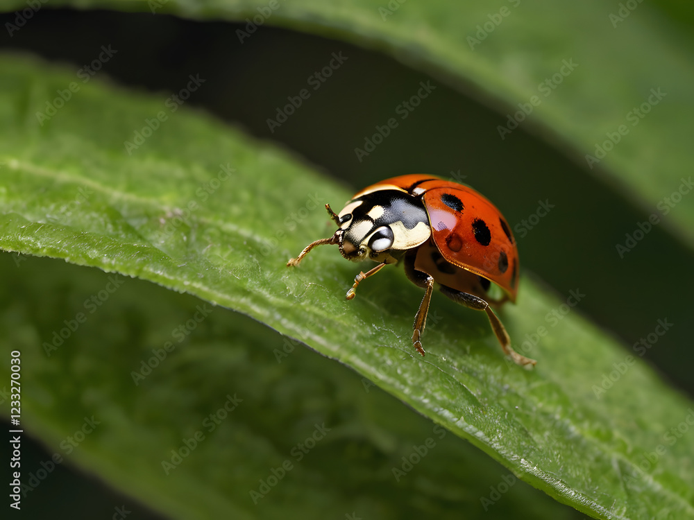 Ladybug on a Leaf: A vibrant red ladybug with black spots crawls delicately along a verdant green leaf, its tiny legs visible in close-up detail, creating a captivating moment of nature's beauty. Ladybug on a Leaf: A vibrant red ladybug with black spots crawls delicately along a verdant green leaf, its tiny legs visible in close-up detail, creating a captivating moment of nature's beauty.