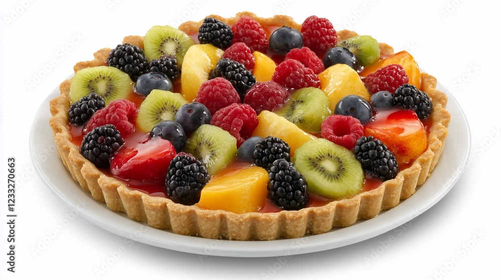 Delicious fruit tart on a white plate with a variety of colorful fresh fruits Delicious fruit tart on a white plate with a variety of colorful fresh fruits