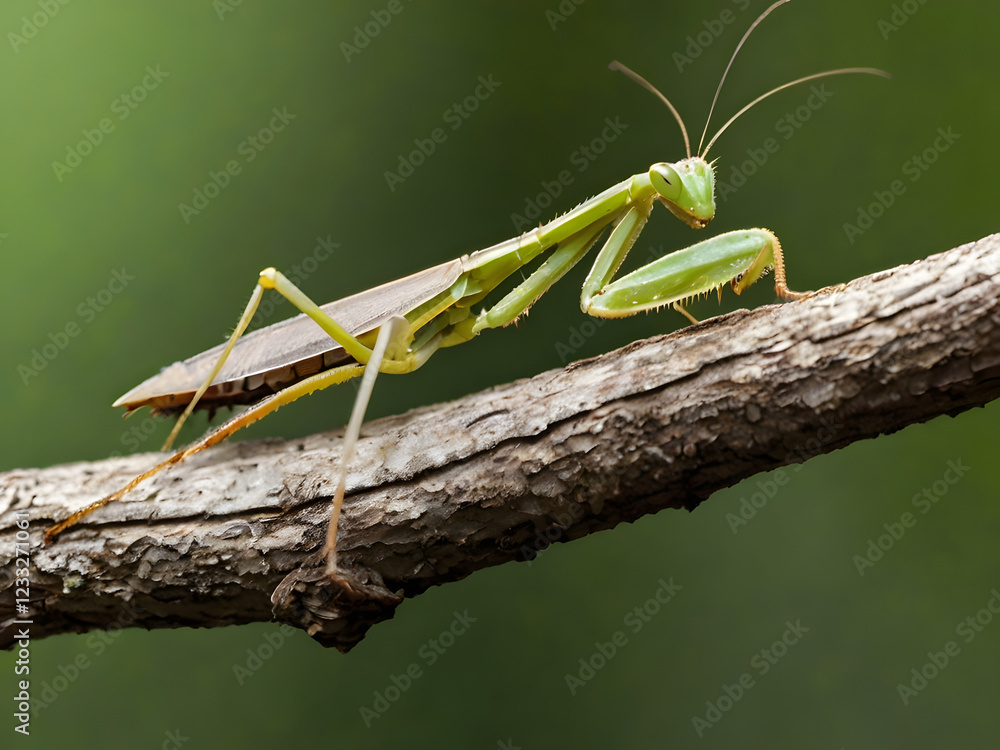Praying Mantis on Branch: A close-up view of a vibrant green praying mantis perched on a weathered branch, its intricate details and mesmerizing stance captivating the eye. Praying Mantis on Branch: A close-up view of a vibrant green praying mantis perched on a weathered branch, its intricate details and mesmerizing stance captivating the eye.