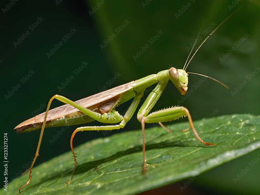 Praying Mantis on a Leaf: A striking green praying mantis perched on a lush green leaf, its delicate antennae and powerful forelegs outstretched, creating a sense of watchful anticipation. Praying Mantis on a Leaf: A striking green praying mantis perched on a lush green leaf, its delicate antennae and powerful forelegs outstretched, creating a sense of watchful anticipation.