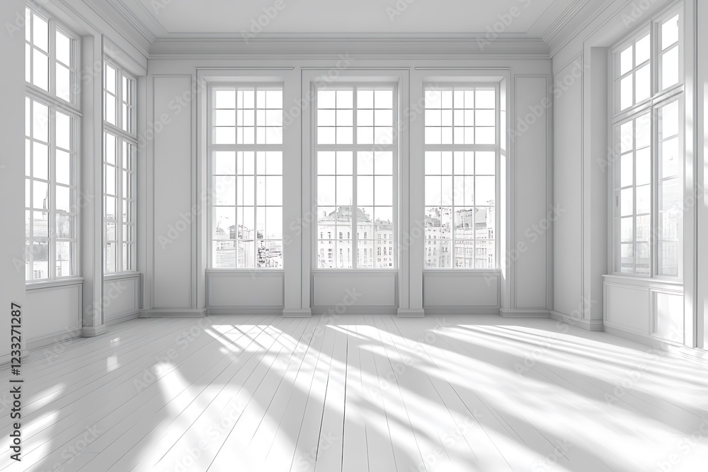 Fototapeta premium A detailed 3D model of a blank white room with generous windows, designed for an office studio or a sleek living room in a residential setting.