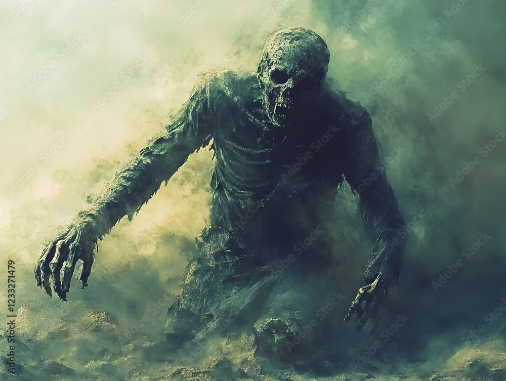 Fototapeta premium Horrifying Zombie Rising From the Mist Dark Fantasy Artwork