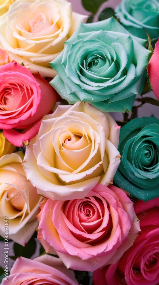 Fototapeta premium Softly hued background with vibrant pink and blue roses in bloom 