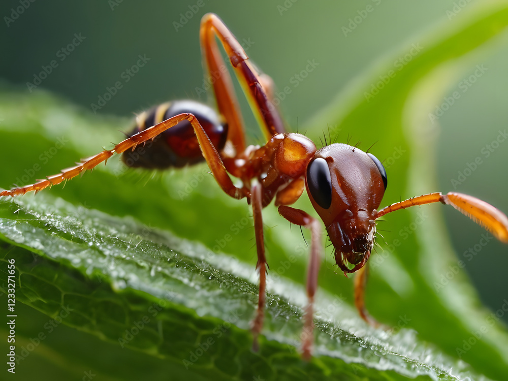 Red Ant Macro: A detailed close-up of a vibrant red ant perched on a lush green leaf, showcasing intricate details of its body and powerful mandibles. Red Ant Macro: A detailed close-up of a vibrant red ant perched on a lush green leaf, showcasing intricate details of its body and powerful mandibles.
