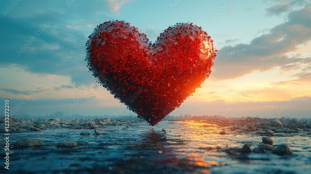 Fototapeta premium A Fragmented Red Heart at Sunset Over a Rocky Landscape