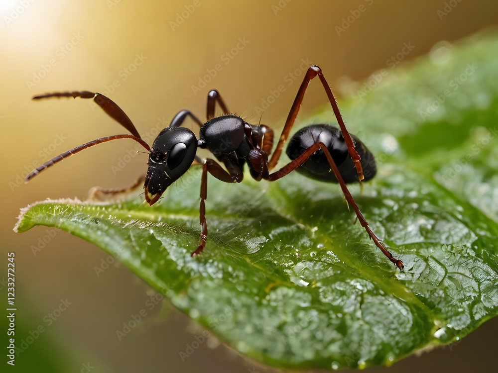 Black Ant on Green Leaf: Macro Photography of a single black ant perched on a vibrant green leaf, showcasing intricate details of its body and the glistening droplets of water on the leaf. Black Ant on Green Leaf: Macro Photography of a single black ant perched on a vibrant green leaf, showcasing intricate details of its body and the glistening droplets of water on the leaf.