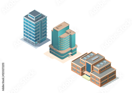 Set of isometric modern building