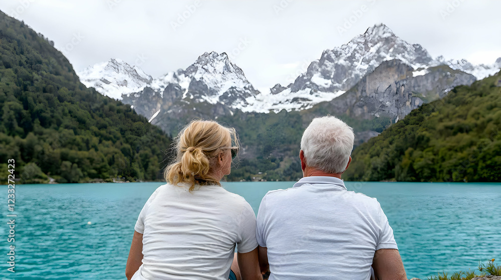 Fototapeta premium Senior couple enjoying mountain lake view