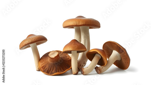 A group of brown mushrooms with white stems, clustered together on a white background photo